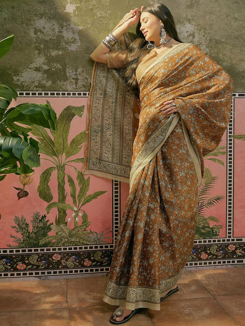 Vasthrlay Womens Printed Unstitched Beige Saree