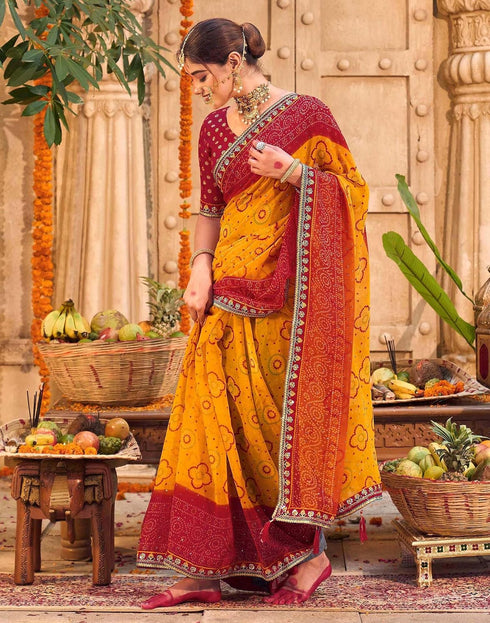 Vasthrlay Georgette Embroidery Yellow Saree With Unstitched Blouse Piece