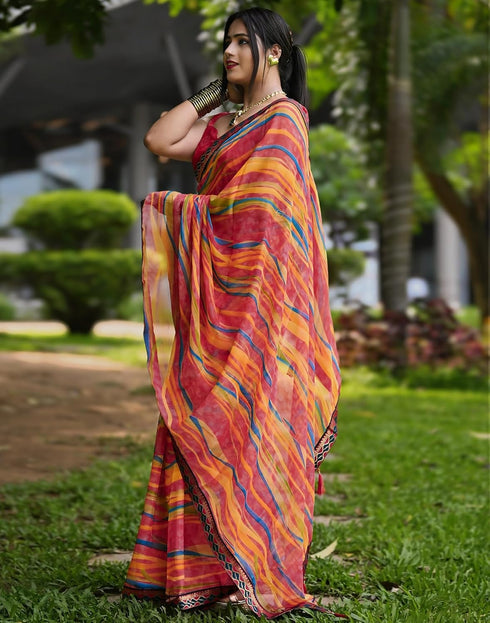 Vasthrlay Chiffon Printed Unstitched Pink Saree