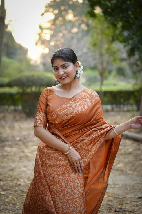 Vasthrlay Tussar Kalamkari Geometric Floral Design