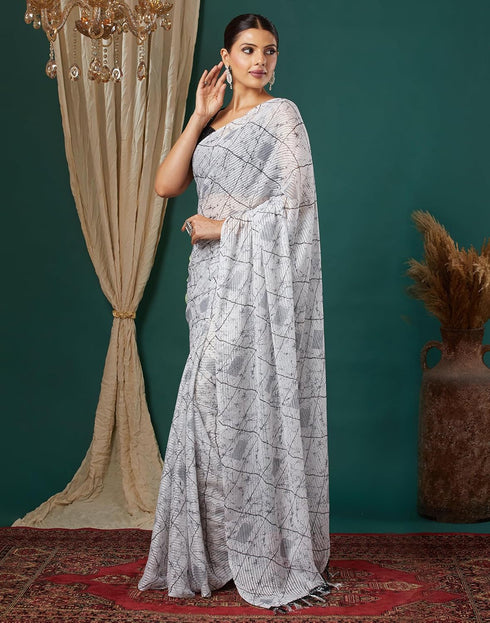 Vasthrlay Georgette Bandhani Unstitched White Saree