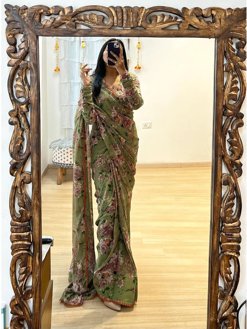 Vasthrlay Pink Georgette Unstitched Saree