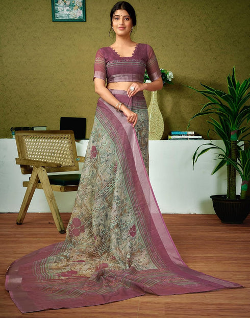 Vasthrlay Womens Cotton Printed Green And Wine Saree With Unstitched Blouse Piece