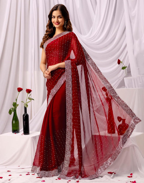 Vasthrlay Chiffon Scalloped Unstitched Maroon Saree