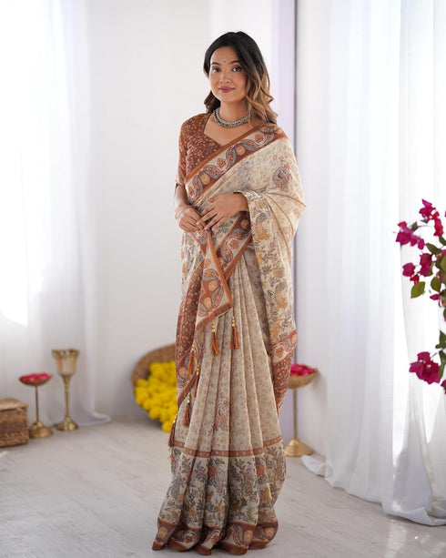 Vasthrlay Beige Blue Traditional Handloom Saree