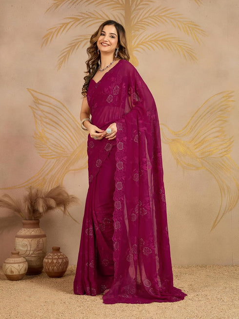 Vasthrlay Georgette Embroidery Unstitched Darkpink Ethnic Wear