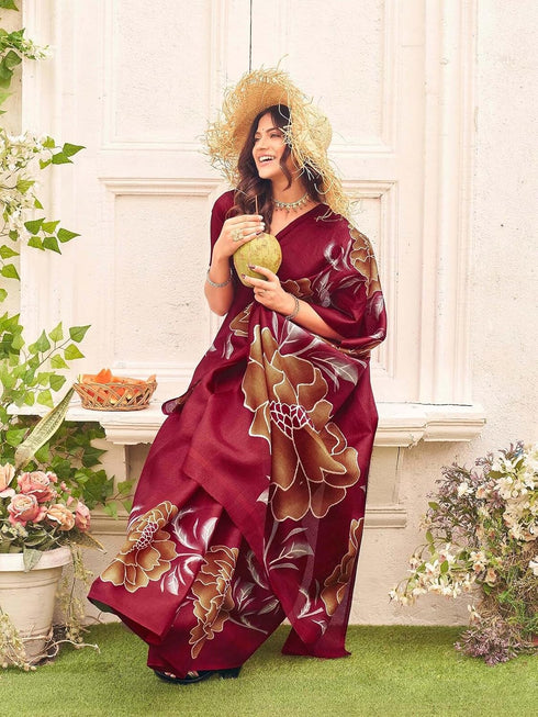 Vasthrlay Womens Abstract Maroon Saree With Unstitched Blouse Piece