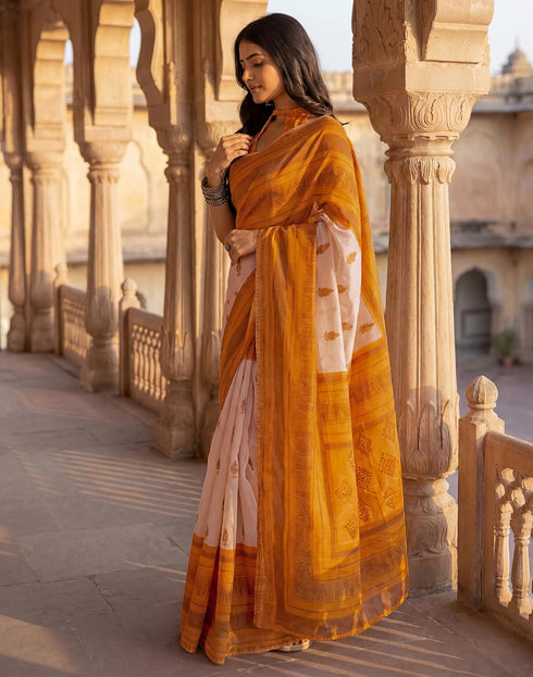 Vasthrlay Womens Printed Unstitched Peach Saree