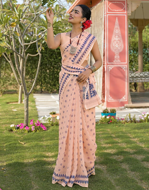 Vasthrlay Womens Printed Unstitched Peach Saree