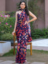 Vasthrlay Womens Printed Navy Blue Saree With Unstitched Blouse Piece