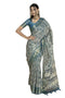 Vasthrlay Silver Grey Geometric Triangle Print Polyester Saree With Muted Gold Zari Border And Teal Blue Ruched Unstitched Blouse Piece