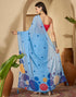 Vasthrlay Georgette Printed Blue Saree With Orange Unstitched Blouse Piece
