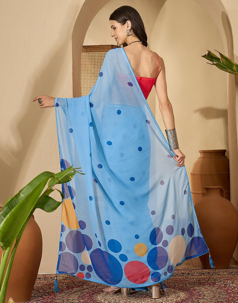 Vasthrlay Georgette Printed White Saree With Maroon Unstitched Blouse Piece