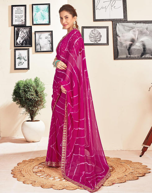 Vasthrlay Georgette Embroidery Rani Pink Saree With Unstitched Blouse Piece