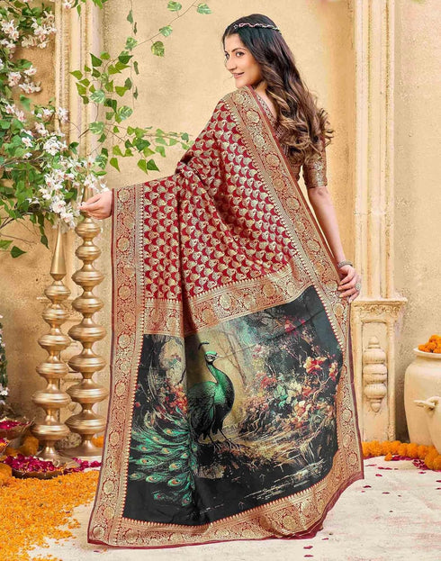 Vasthrlay Womens Weaving Unstitched Maroon Saree