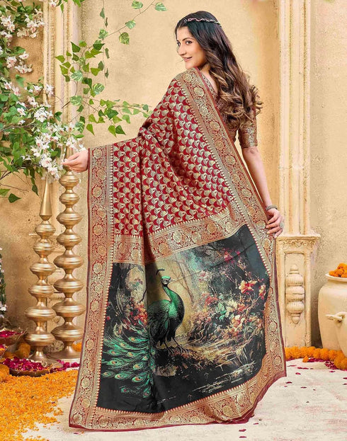 Vasthrlay Womens Weaving Maroon | Gold Saree With Unstitched Blouse Piece