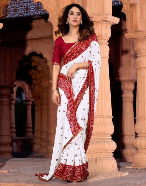 Vasthrlay Bandhani Georgette White And Red Saree With Red Unstitched Blouse Piece