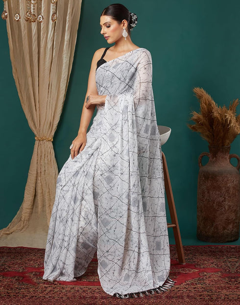 Vasthrlay Georgette Bandhani Unstitched White Saree