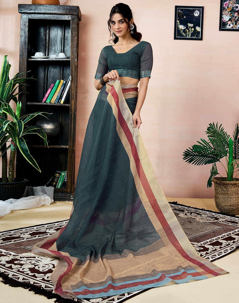 Vasthrlay Womens Printed Unstitched Dark Green Saree