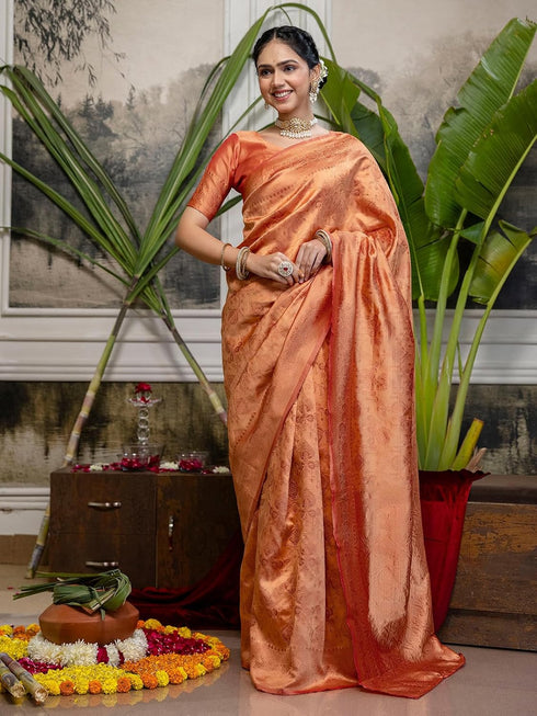 Vasthrlay Womens Weaving Peach | Copper Saree With Unstitched Blouse Piece