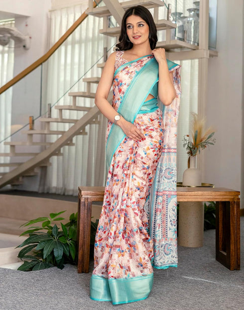 Vasthrlay Womens Printed Unstitched Beige Saree