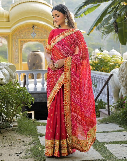 Vasthrlay Bandhani Embroidery Unstitched Pink Saree