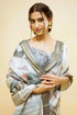 Vasthrlay Grey Mauve Geometric Triangle Print Polyester Saree With Muted Gold Zari Border And Teal Blue Ruched Unstitched Blouse Piece
