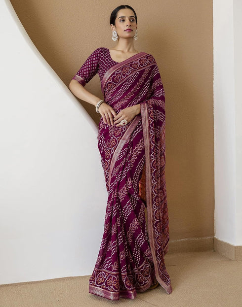 Vasthrlay Georgette Bandhani Purple Saree With Unstitched Blouse Piece