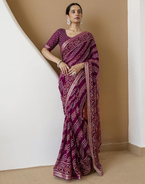 Vasthrlay Georgette Bandhani Unstitched Purple Saree