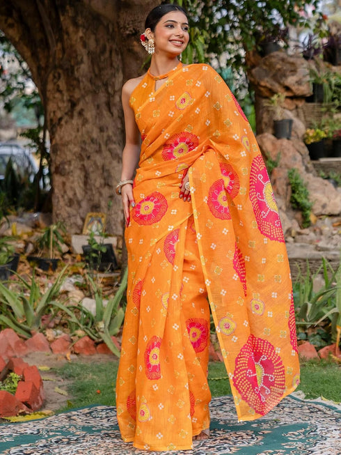 Vasthrlay Bandhani Printed Unstitched Peach Saree
