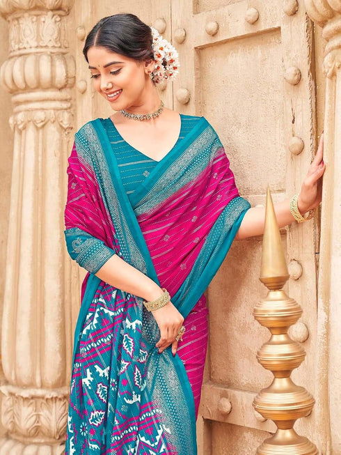 Vasthrlay Georgette Printed Unstitched Rani Pink Saree