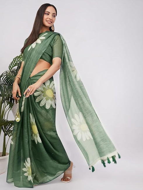 Vasthrlay Green Printed Linen Saree With Unstitched Blouse Piece