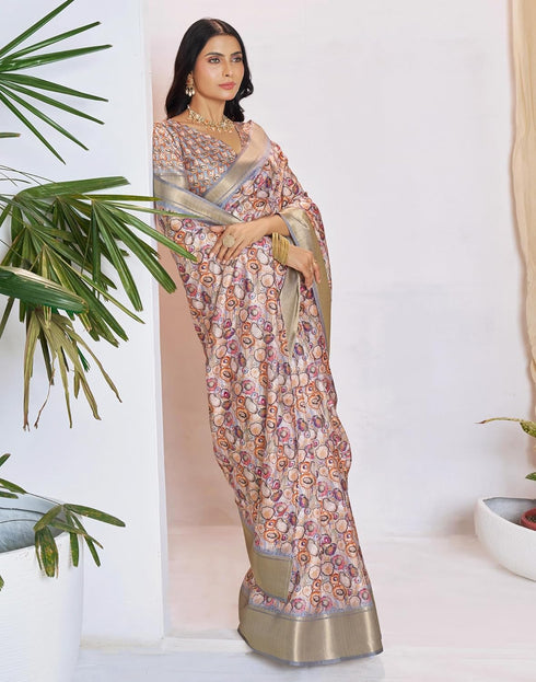 Vasthrlay Womens Printed Unstitched Beige Saree