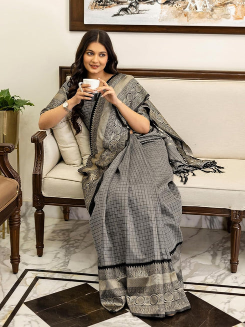 Vasthrlay Weaving Tassels Unstitched Grey Saree