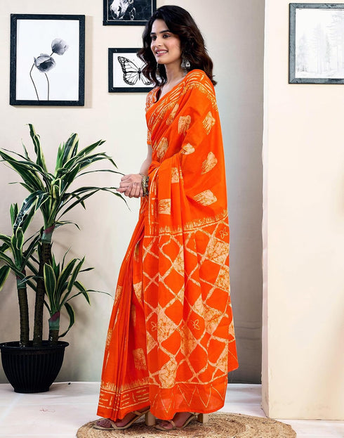 Vasthrlay Womens Printed Orange Saree With Unstitched Blouse Piece