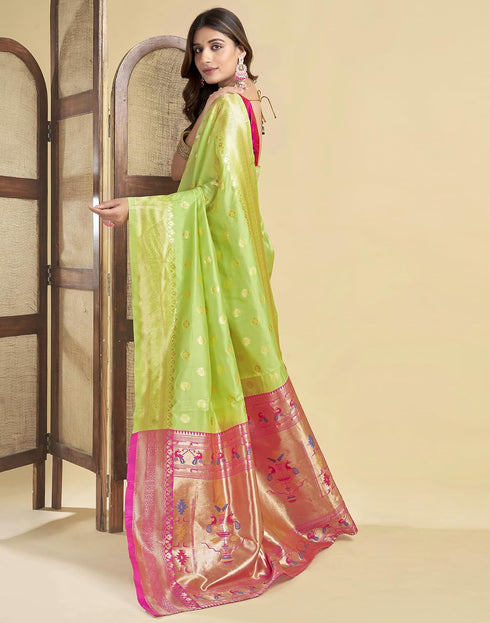 Vasthrlay Womens Jacquard Lime Green And Pink Saree With Unstitched Blouse Piece