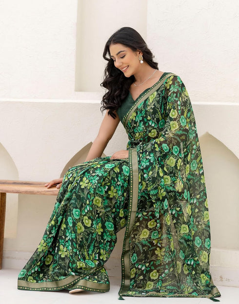 Vasthrlay Chiffon Tassels Unstitched Dark Green Saree