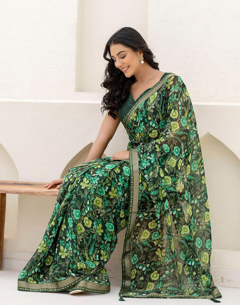 Vasthrlay Chiffon Tassels Dark Green Saree With Unstitched Blouse Piece