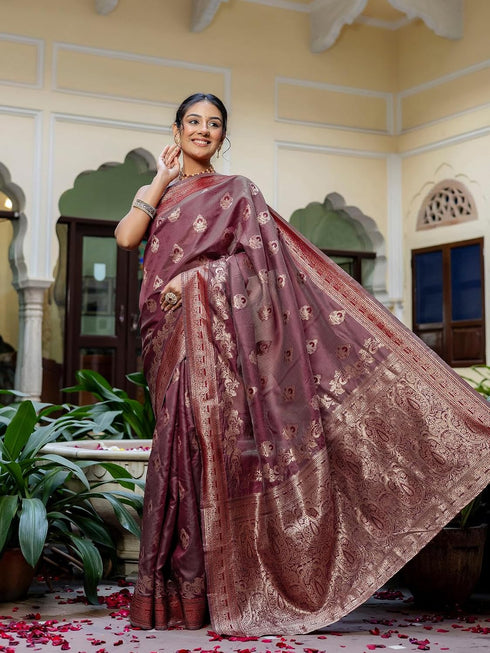 Vasthrlay Banarasi Weaving Maroon Saree With Maroon Unstitched Blouse Piece
