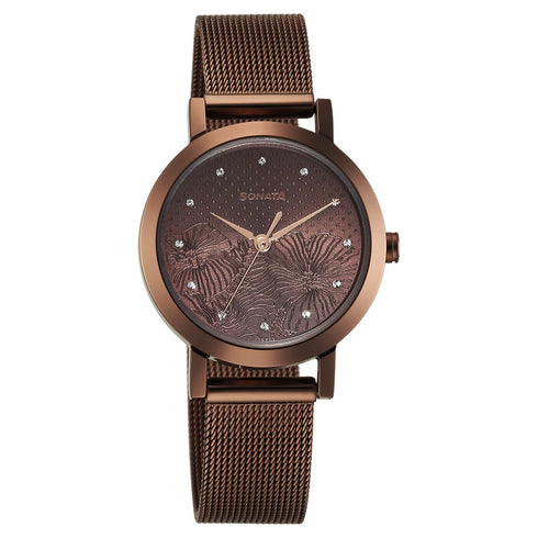 Sonata Quartz Analog Brown Stainless Steel Strap for Women