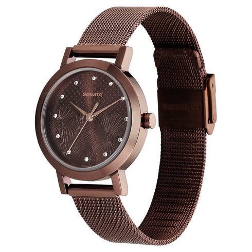 Sonata Quartz Analog Brown Stainless Steel Strap for Women