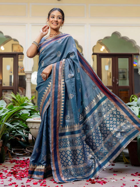 Vasthrlay Banarasi Weaving Teal Blue Saree With Teal Blue Unstitched Blouse Piece