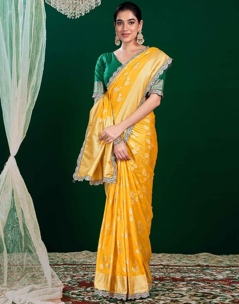 Vasthrlay Banarasi Jacquard Yellow Saree With Dark Green Unstitched Blouse Piece