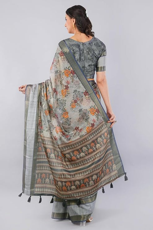Vasthrlay Womens Silver Grey Polyester Floral Ready To Wear Saree