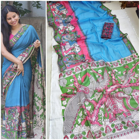Vasthrlay Kalamkari Printed Sky Blue Saree with Border Cotton-Linen Blend Traditional Folk Art Motifs