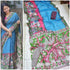 Vasthrlay Kalamkari Printed Sky Blue Saree with Border Cotton-Linen Blend Traditional Folk Art Motifs