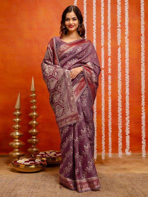 Vasthrlay Weaving Banarasi Maroon Saree With Unstitched Blouse Piece