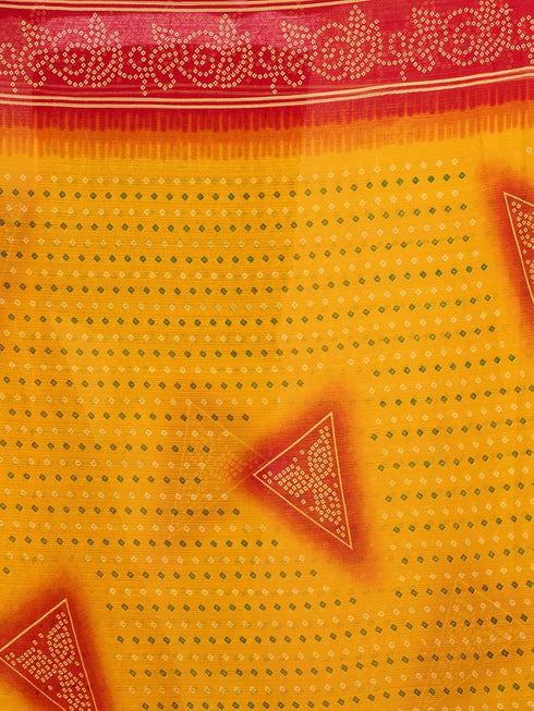 Vasthrlay Chiffon Bandhani Yellow Saree With Red Unstitched Blouse Piece