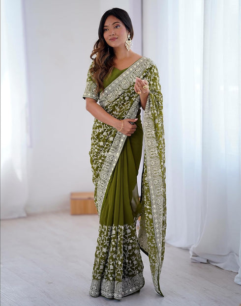 Vasthrlay Georgette Embroidery Unstitched Maroon Saree