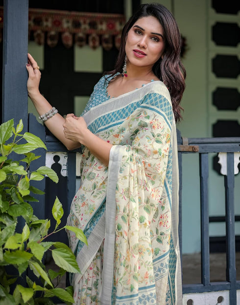 Vasthrlay Womens Printed Unstitched Light Green Saree